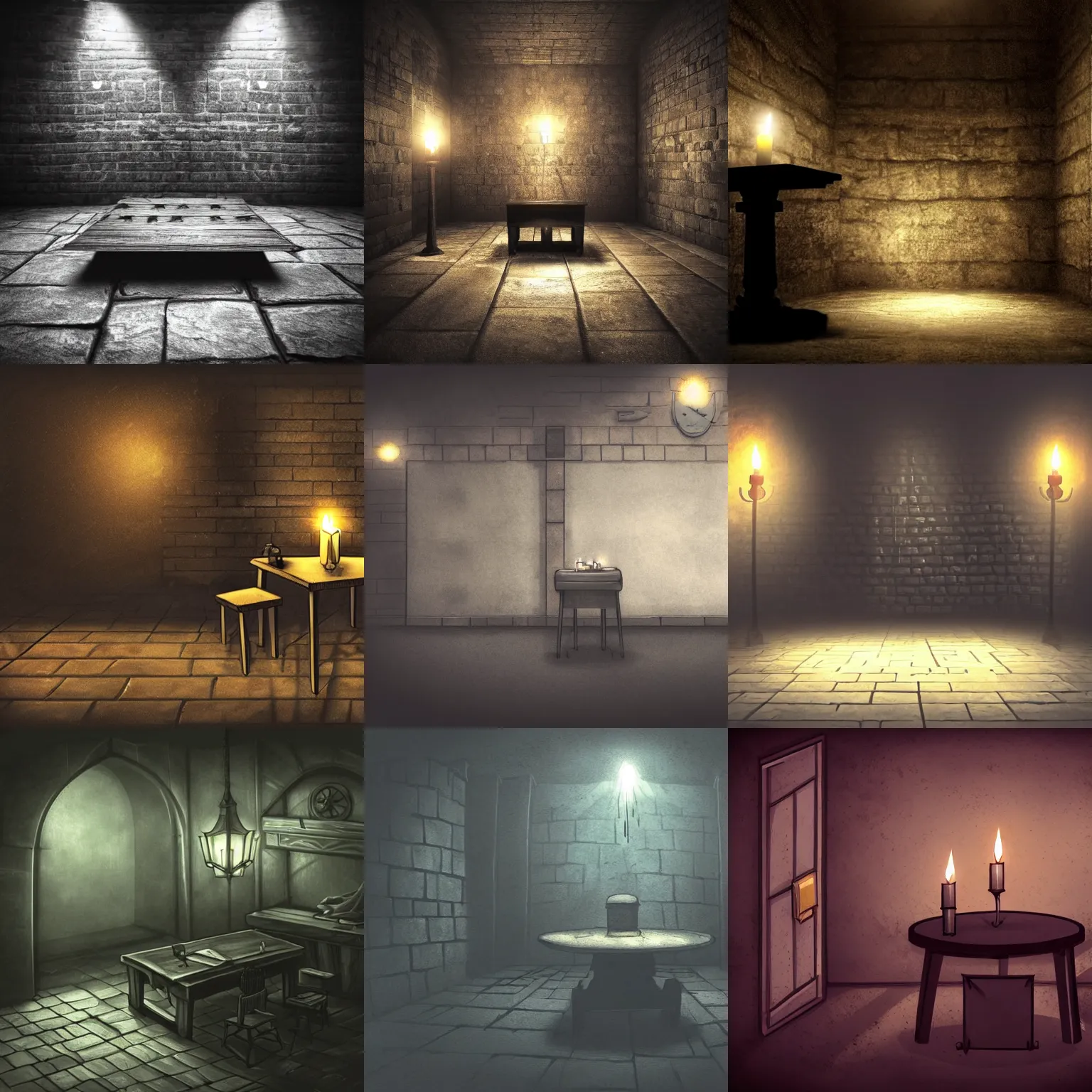 Prompt: dark gloomy dungeon room with table, low visibility, low brightness, gray stone, oppressive, shadows, candlelight, midnight, anime