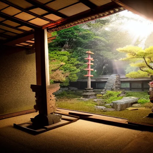 Image similar to photo of an abandoned Japanese temple, cinematic, light rays, 8k,