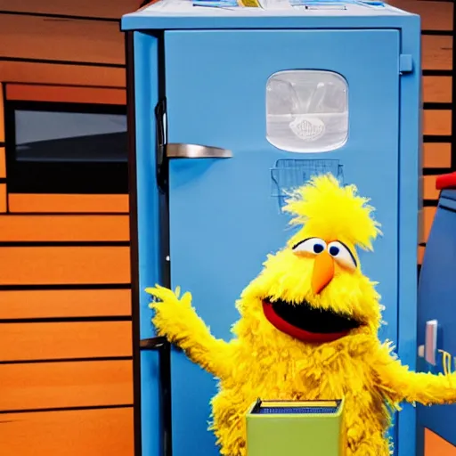 Image similar to big bird sesame street running from the police carrying a fridge