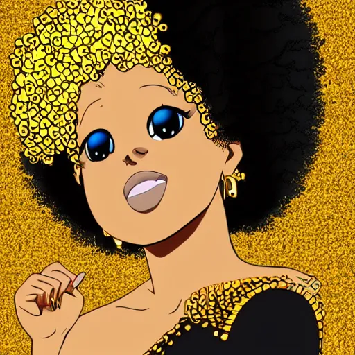 Prompt: black woman with a gold afro in anime style, highly detailed, sharp colors