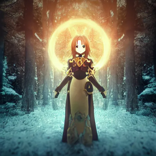 Image similar to portrait focus of beautiful darkness knight 3D anime girl, golden armor wearing, dark forest background, snowing, bokeh, inspired by Masami Kurumada, digital painting, high contrast, octane render, volumetric lighting, high détail