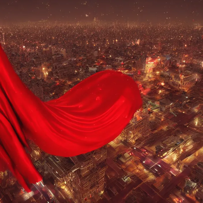 Prompt: a person enveloped in red silk cloth that blows in the wind stands in a dytopian highly detailed city at night, with volumetric lights in the distance and heavy rain falling. atmospheric light, rendering, octane, redshift, artstation