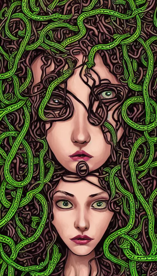 Prompt: very detailed portrait of a 2 0 years old girl surrounded by tentacles, the youg woman visage is blooming from fractal and vines, by jhonen vasquez