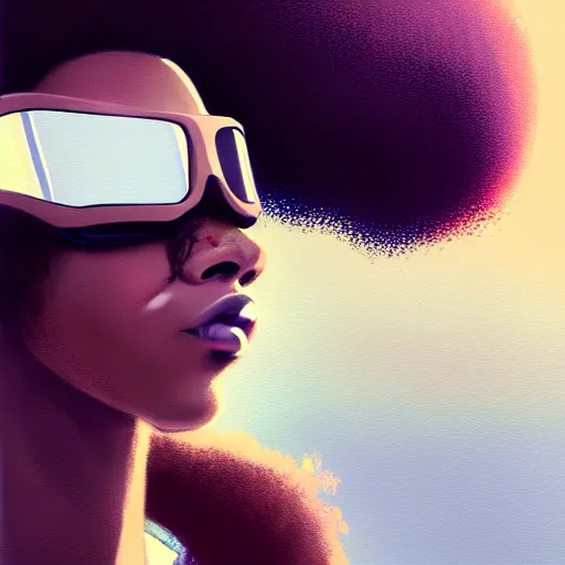 Image similar to beautiful woman wearing opaque reflective goggles profile picture by greg rutkowski, brown skin, long afro hair, asymmetrical, futuristic, cool colors, streetwear, studio ghibli, organic painting, matte painting, geometric shapes, hard edges, street art, trending on the artstation, fantasy lut, realistic by sachin teng,