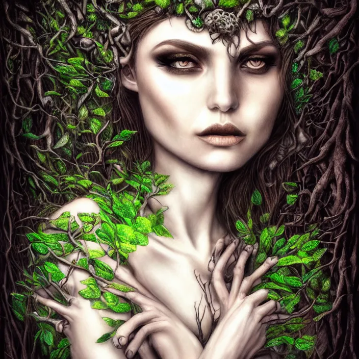 Prompt: female dryad, dark forest, surreal, nature, light shining through, hyper - realistic, highly detailed, sharp focus, smooth, intricate, marilena mexi style