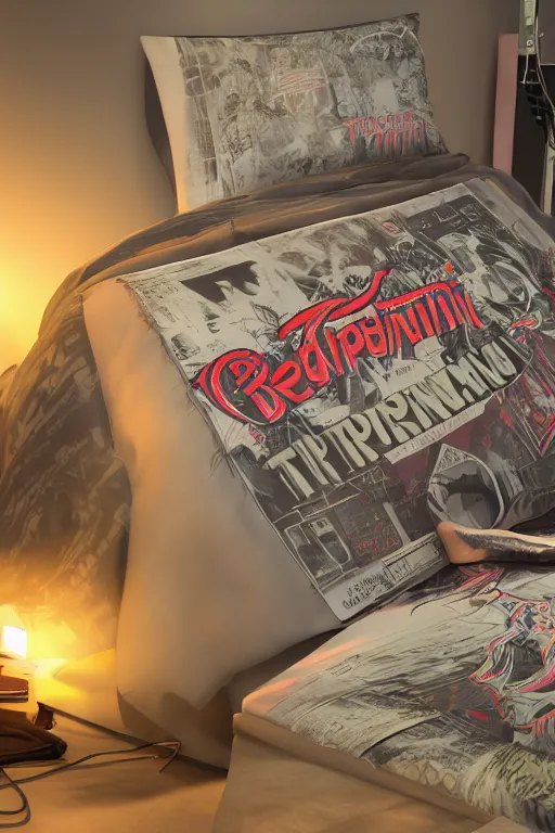 Image similar to photo of of bedlinen in a modern bedroom, band merchandise, bandname is tripmachine, tourname is invasion of the tripmachines, realistic digital art, bedlinen is textured with a 3 d render of a huge futuristic steampunk generator, 8 k, fluorescent colors, halluzinogenic, multicolored, exaggerated detailed, unreal engine