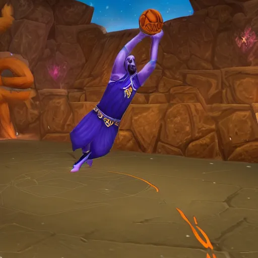 Prompt: World of warcraft night elf dunking from the freethrow line