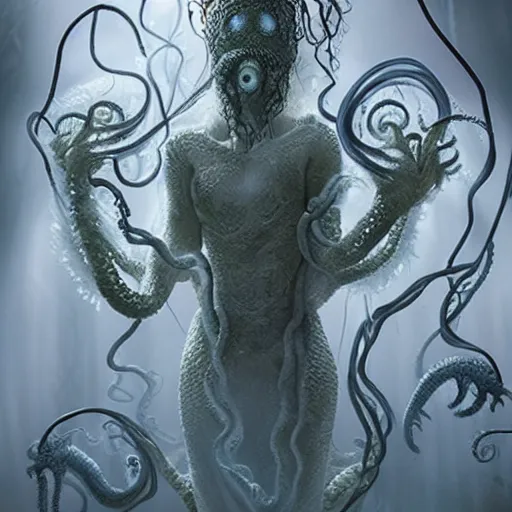 Image similar to ethereal ghostlylive action muppet with a wraith like figure with a very pronounced parasitic kraken head taking over its own with four long tentacles for arms that flow gracefully at its sides like a cloak, it has the body of a snake gorgon, it stalks around frozen forests searching for lost souls to consume, hides in the shadows of trees, this character uses hydrokinesis and electrokinesis, it is a real muppet by sesame street, photo realistic, real, realistic, felt, stopmotion, photography, sesame street, monsters inc pixar