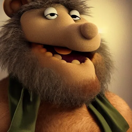 Image similar to a still of a forgotten muppet character looking very manly and modern, hilarious, laughing, hairy chest, huge chin, manly monster tough guy, roughled fur, photo real, photographic, photograph, artstation, trending, featured