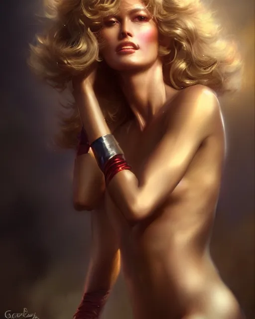 Image similar to photo of farra fawcett, film still, dslr, by greg rutkowski, enoch bolles, ross tran, artgerm, wlop glossy skin, intricate detail, art deco, pearlescent, very coherent, alluring