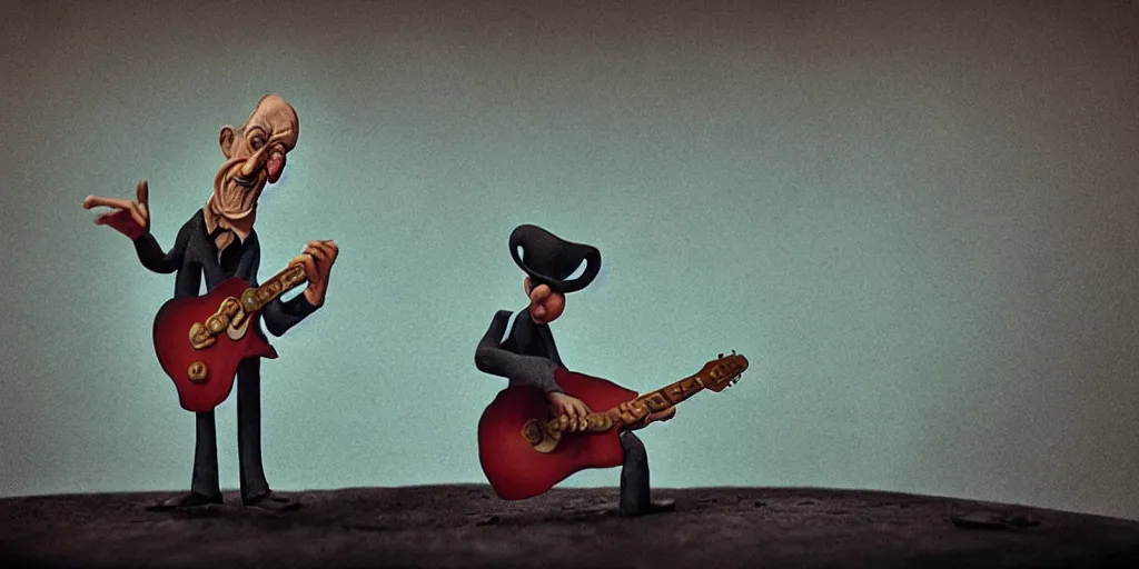 Image similar to a old man playing guitar, surrealistic detailed claymation art, moody, foggy