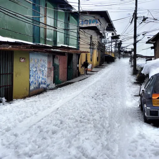 Prompt: snow day in a brazil favela