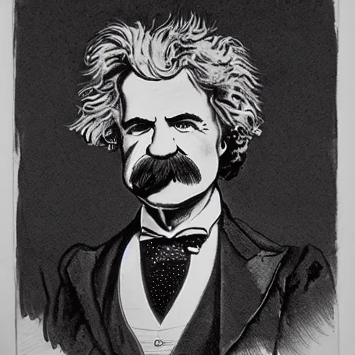 Prompt: caricature of mark twain, black and white line drawing