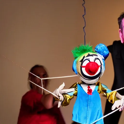 Image similar to puppet show with a puppeteer using a string marionette of a president with clown makeup in a podium