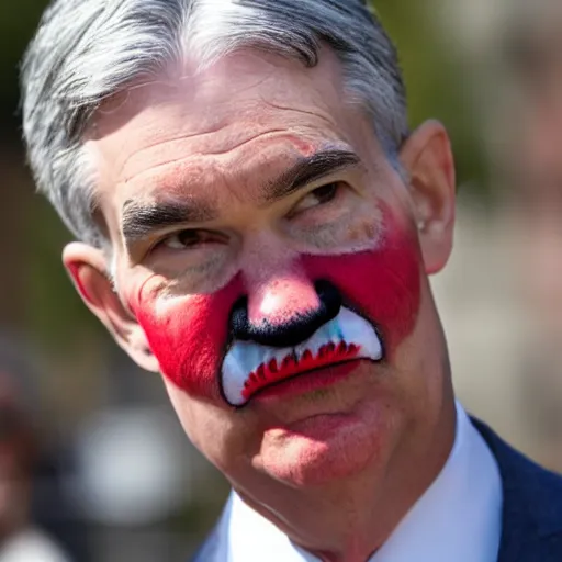 Prompt: Jerome Powell with colorful clown makeup all over his face whiteface, walking outside in a garden