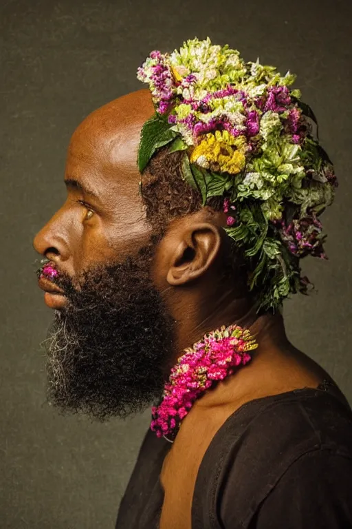 Prompt: African man's face in profile, long beard, made of flowers and fruit, in the style of the Dutch masters and Gregory crewdson, dark and moody