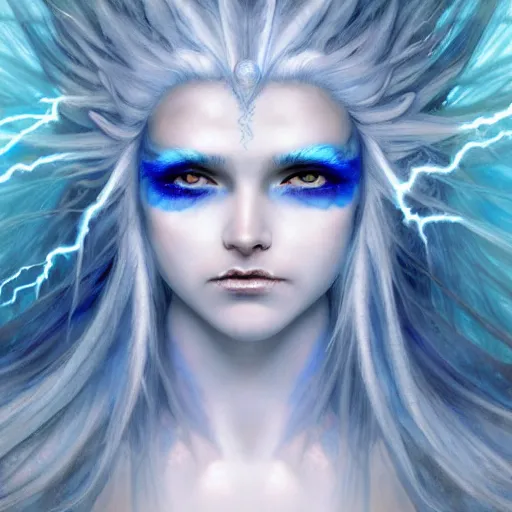 Image similar to head and shoulders portrait of a female lightning genasi with blue skin and white hair made of sirrus clouds, full white robes, medieval, fantasy, d & d, luis royo, klimt, alphonse mucha