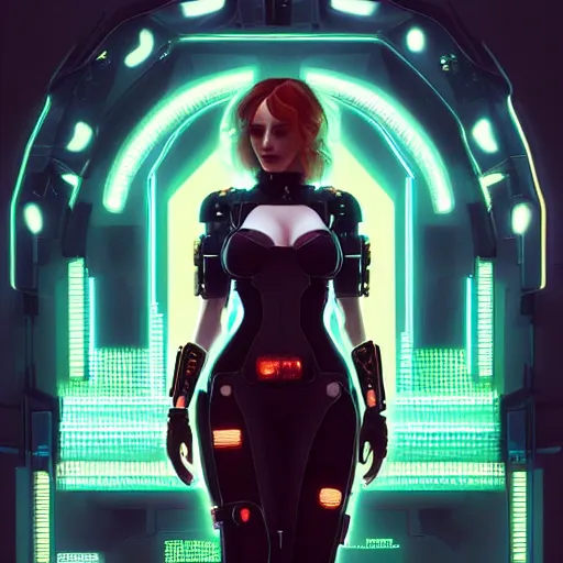 Prompt: christina hendricks wearing cyberpunk 2 0 7 7 futuristic clothing, intricate, elegant, highly detailed, digital painting, artstation, concept art, smooth, sharp focus, illustration, art by artgerm and greg rutkowski and alphonse mucha