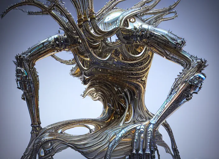 Prompt: white pearlescent, chrome, iridescent titanium, crystal, liquid gold, copper, bronze hybrid biomechanical ice sculpture, by h. r. giger, cinematic forest lighting, crystalline masterpiece incrustations, hyperdetailed metalwork, in volumetric soft glowing mist, elegant pose, movie still, octane render, unreal engine, crepuscular rays,