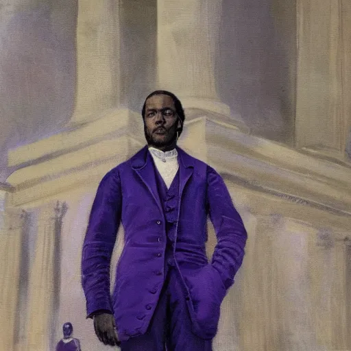 Prompt: Pusha T standing in front of Washington DC capitol hill in the 19th century wearing purple and blue mech suite in naturalistic technique, bold brushwork, light and shadow, depth. Sense of movement.