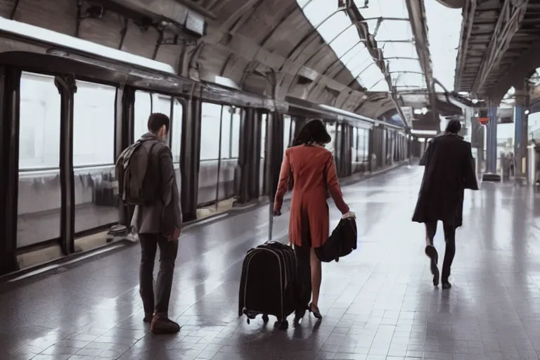 Prompt: vfx movie couple in a train station flat color profile low - key lighting cinematography atmospheric