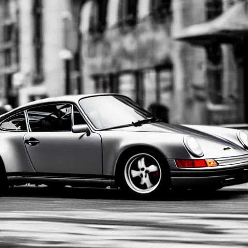 Prompt: photo of a porsche 9 1 1 9 6 4 speeding through nyc, cinematic, motion blur, shallow dof, 3 5 mm, heli shot, macro