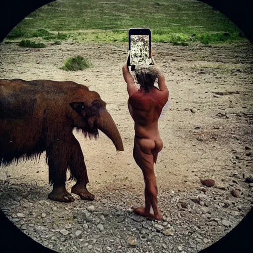 Prompt: “color photo of a Neanderthal undressed man taking an iPhone photo of his wife on a dead mammoth National Geographic , anthropology photo”