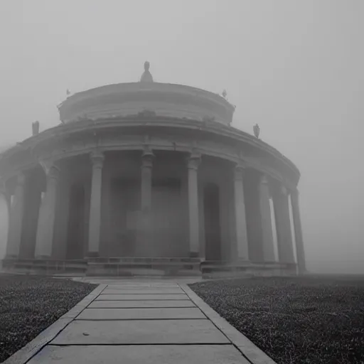 Image similar to Temple of knowledge, foggy entrance, mysterious architecture, clouds at entrance