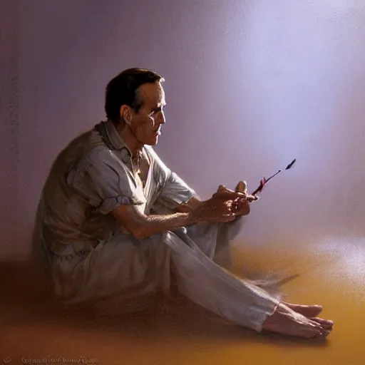 Image similar to a highly detailed epic cinematic concept art CG render digital painting artwork costume design: Henry Fonda as a 1950s tired disillusioned poet, barefoot, holding a lit cigarette. volumetric lighting. By Greg Rutkowski, in the style of Francis Bacon and Syd Mead and Norman Rockwell and Beksinski, open ceiling, highly detailed, painted by Francis Bacon and Edward Hopper, painted by James Gilleard, surrealism, airbrush, Ilya Kuvshinov, WLOP, Stanley Artgerm, very coherent, triadic color scheme, realistic facial expression, art by Takato Yamamoto and James Jean