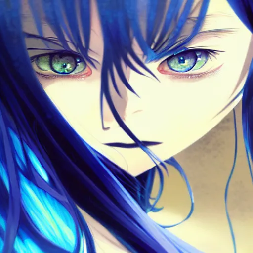 Image similar to attractive long blue - haired girl with bangs gothic anime character with gold eye color, fantasy, screenshot, anime, sharp focus, intricate, illustration, cell shaded, oil painting, highly detailed, concept art, matte, art by ilya kuvshinov and kyoto animation and wlop, and greg rutkowski, studio quality, james jean, artem demura