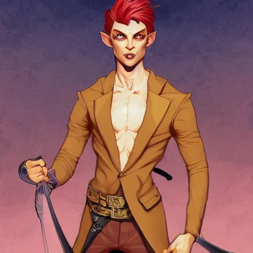 Prompt: dnd character illustration of a dark tanned half - elf with messy short red hair and golden eyes with slit pupils, beautiful and androgynous, feral, glowing, golden hour, wearing a stylish men's suit by ross tran and gerald brom