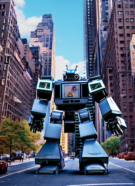 Image similar to a giant mecha robot made of stop signs in manhattan, hyper realistic, highly detailed, cinimatic, shadows, scrap, signs, 8 k, photo, movie still