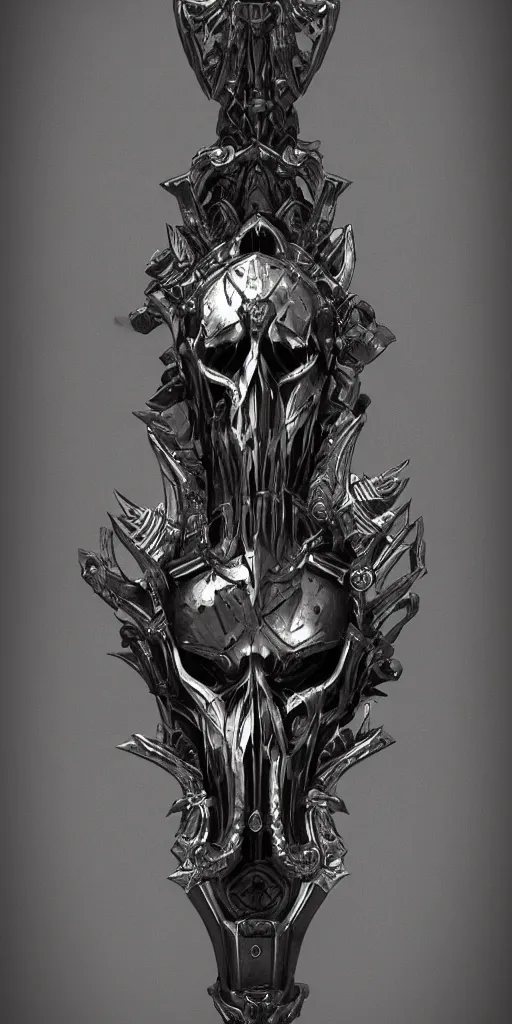 Image similar to a black and silver sword skull crest, ornament, weapon, a 3 d render by dom qwek, front side, concept art, trending on polycount, artstation, hard surface modeling, rendered in maya, zbrush, hd, vray, blizzard, symmetry