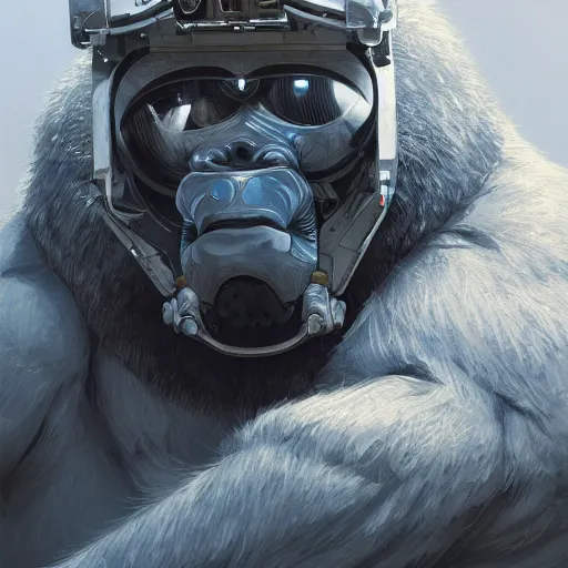 Prompt: detailed science - fiction character portrait of a silverback gorilla wearing a white armored space suit, intricate, wild, highly detailed, digital painting, artstation, concept art, smooth, sharp focus, illustration, art by artgerm and greg rutkowski and alphonse mucha