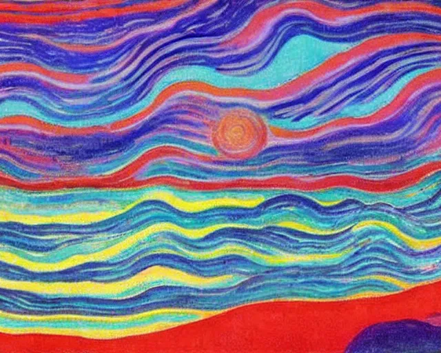 Prompt: Ocean waves in a psychedelic dream world. DMT. Landscape painting by Edvard Munch. David Hockney.