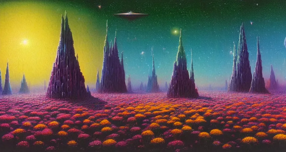 Image similar to a beautiful up close view of a 3 d mystical alien shrine in a field of multicolored colored flowers, underneath a star filled night sky, harold newton, zdzislaw beksinski, donato giancola, warm coloured, gigantic pillars and flowers, maschinen krieger, beeple, star trek, star wars, ilm, atmospheric perspective