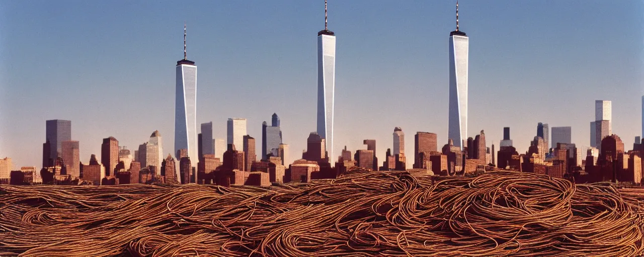 Prompt: spaghetti stand with the world trade center in the distance, growing out of the dirt, kodachrome, in the style of wes anderson, retro