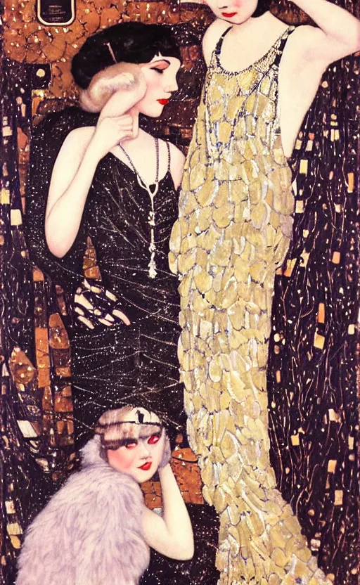 Prompt: an oil painting of jazz age high society life, 1920s style, dressed in 1920s fashion, smooth, highly detailed, high contrast, by Klimt, Coles Phillips, Dean Cornwell, JC Leyendecker, 8K