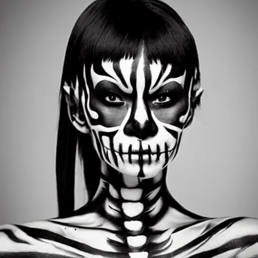 Image similar to bai ling wearing skeleton bodypaint, hyper realistic, sharp focus, 4k