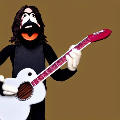 Prompt: bearded dave grohl as a muppet playing guitar. highly detailed felt. hyper real photo. 4 k.