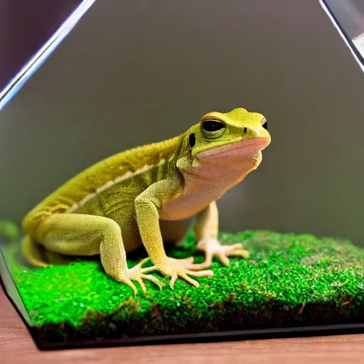 Image similar to mark zuckerberg / gecko sitting inside a terrarium