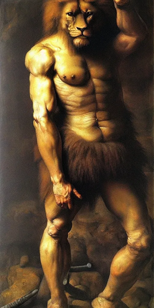 Prompt: oversized muscular lion as barbarian hunter human legs full body portrait pose , very textured detailed oil painting by rembrandt , hard backlight , in dark cave