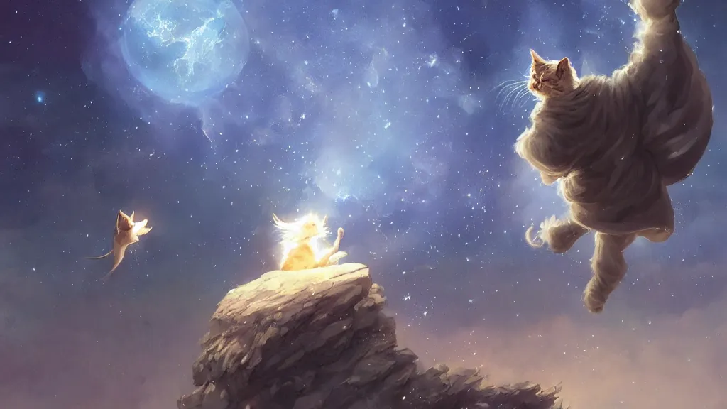 Image similar to cartoonish kitten dressed as Gandalf floating in space, bright stars, anime, a fantasy digital painting by Greg Rutkowski and James Gurney, trending on Artstation, highly detailed