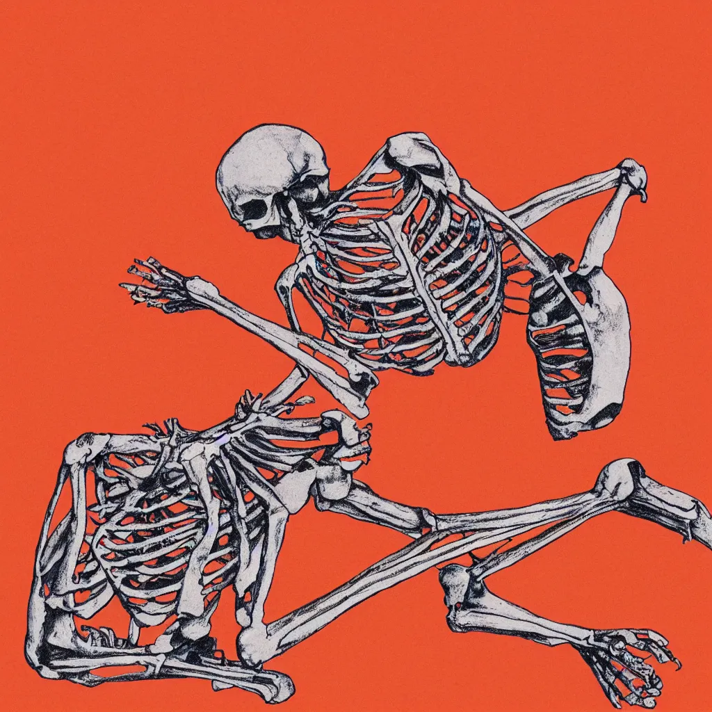 Image similar to vivid risograph of one skeleton on orange background