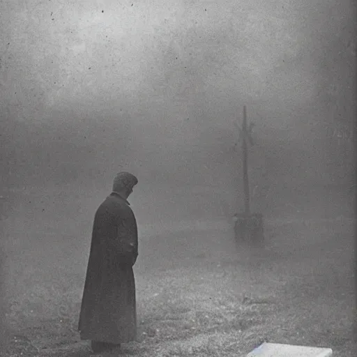 Prompt: a soul looking at his grave, night, fog, 1 9 0 0's photo