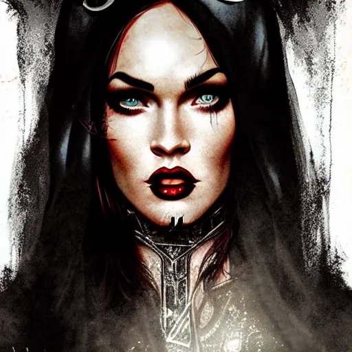 Image similar to megan fox witch queen, black eyes, blood, full body, intricate victorian dress, cinematic lighting, symmetrical eyes, rafael albuquerque, charlie bowater, frank frazetta, moody lighting, candles