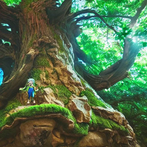 Image similar to deku tree from ocarina of time as a real tree, wide angle photo, full tree in frame, surrounded by rock walls, facial features on the tree look like an older man
