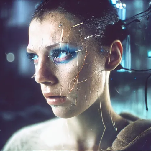 Image similar to film still, 6 5 mm, a masterpiece portrait photo of a woman, sci - fi, techwear, biotech, cyberpunk, blade runner, cyborg, grainy, withered, worn, glowing lights, 4 k, sharp focus