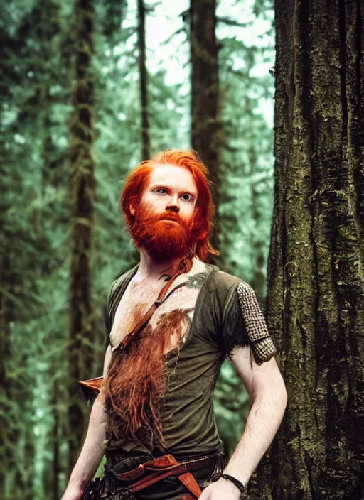 Image similar to grungy redhead 30-something scruffy bearded shoulder-length hair swordsman holding a short curved sword in a ultradetailed pacific northwest redcedar forest, smooth. sharp focus, grunge dingy matte painting detailed,