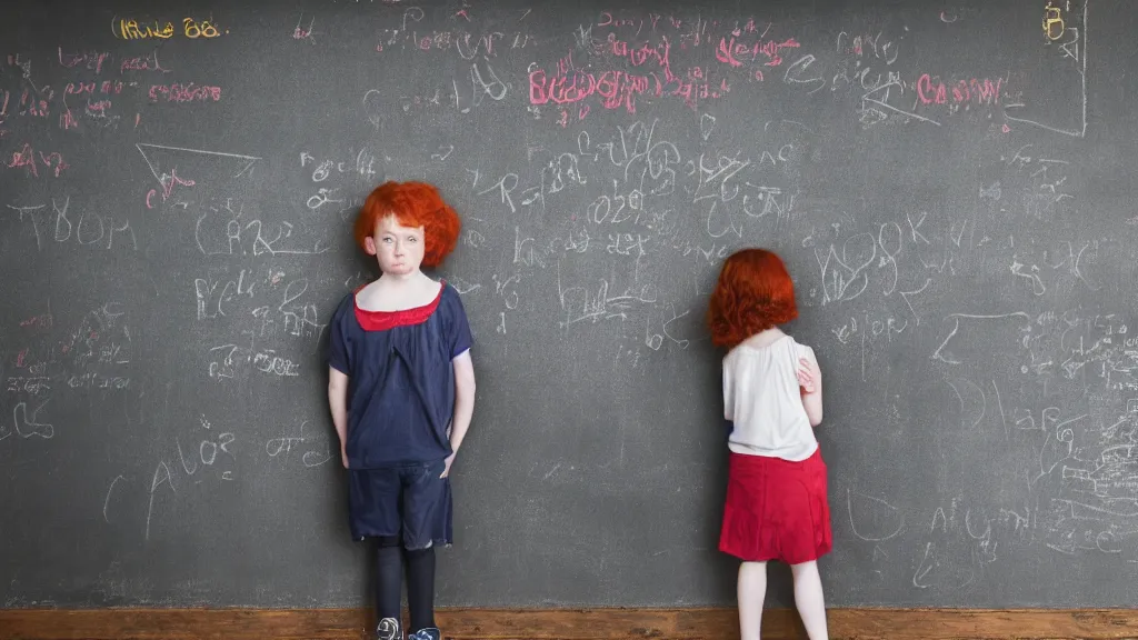 Image similar to colour photograph of a child questioned at the blackboard, red hair, shy, inspired by Gregory Crewdson